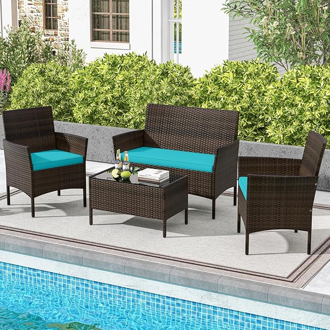 DORTALA 4-Piece Rattan Patio Furniture Set, Outdoor Table & Chair Set with Tempered Glass Coffee Table, Cushion, Wicker Conversation Set for Garden, Lawn, Poolside and Backyard, Turquoise