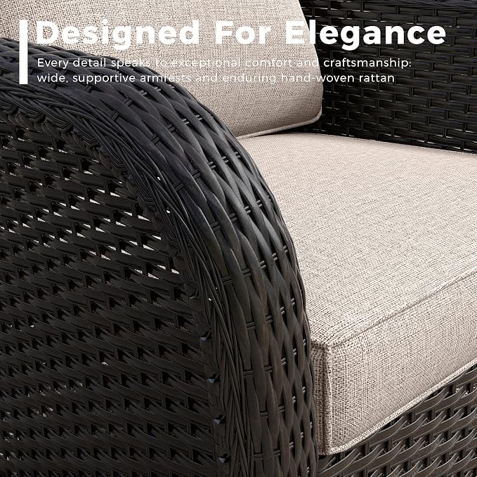 3-Piece Patio Conversation Set, 78 inch Wicker 2-Seater Sofa with Washable Cushions, 360° Swivel Glider Rocker Chairs, All Weather Rattan Outdoor Furniture for Backyard Garden Lawn, Beige