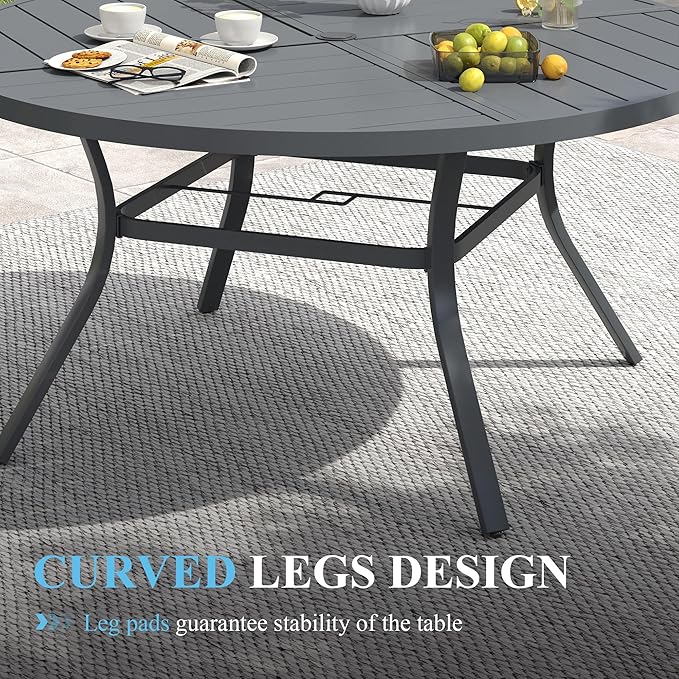 VICLLAX 50" Round Patio Table with Umbrella Hole, All Weather Metal Outdoor Dining Table for 6, Outside Table with Storage Shelf for Lawn Garden, Grey