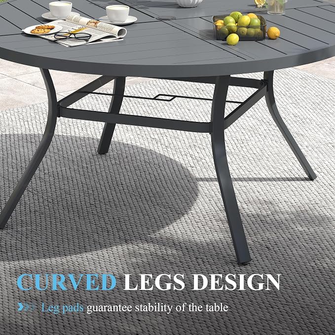 VICLLAX 53" Round Patio Table with Umbrella Hole, All Weather Metal Outdoor Dining Table for 6-8, Outside Table for Lawn Garden, Grey