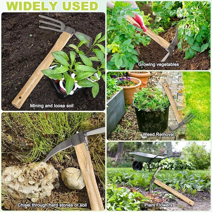 M METERXITY 2 PCS Garden Hoe Tools, 15 Inches Carbon Steel Cultivator Hand Tiller and Hand Pick Axe with Beech Wood Handle, Pick Mattock Hoe for Digging/Weeding/Gardening/Planting