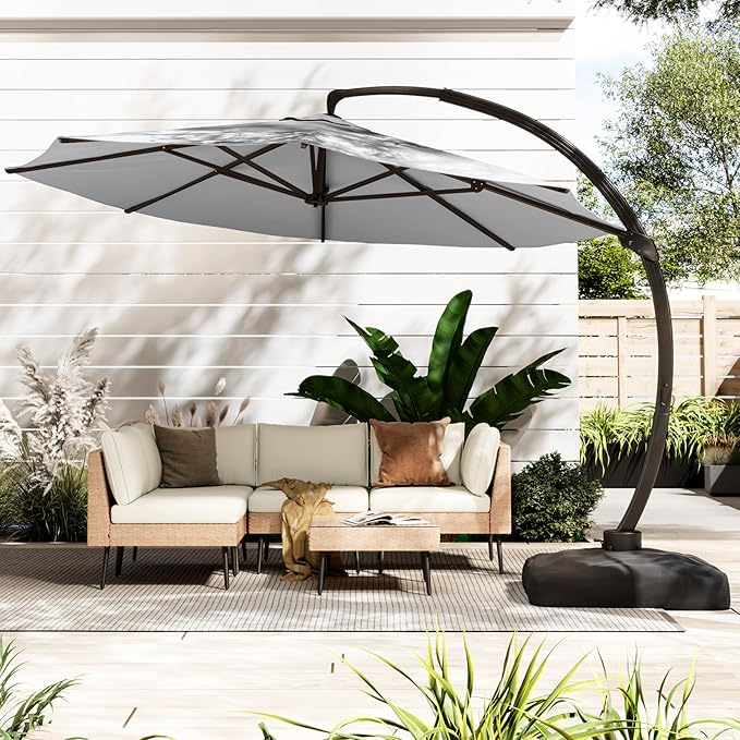 ENSTVER 11FT Cantilever Patio Umbrella With Base Included, Round Large Aluminum Outdoor Cantilever, Heavy Duty Offset Umbrella with 360°Rotation for Pool, Deck, Backyard, Garden(Grey)