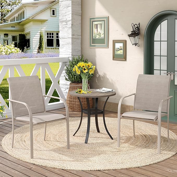 DIFY 3 Piece Outdoor Dining Set for 2, Patio Furniture Set of Grey Wood-Like Small Round Metal Dining Table and 2 Sandshell Textilene Stackable Patio Chairs, for Garden Porch Deck