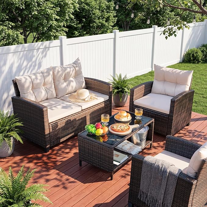 Devoko 4-Piece Patio Furniture Set, All-Weather PE Rattan Outdoor Conversation Set with Thick Cushions & Glass Coffee Table, Brown Wicker Patio Sofa Set for Backyard, Porch, Garden