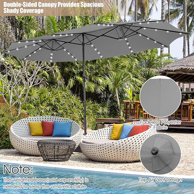 Giantex 15 FT Double Patio Umbrellas with 48 Solar LED Lights, Auto-Charging Panel, Crank System, Outdoor Extra-Large Rectangle Market Table Umbrella for Garden Deck Backyard Beach Pool