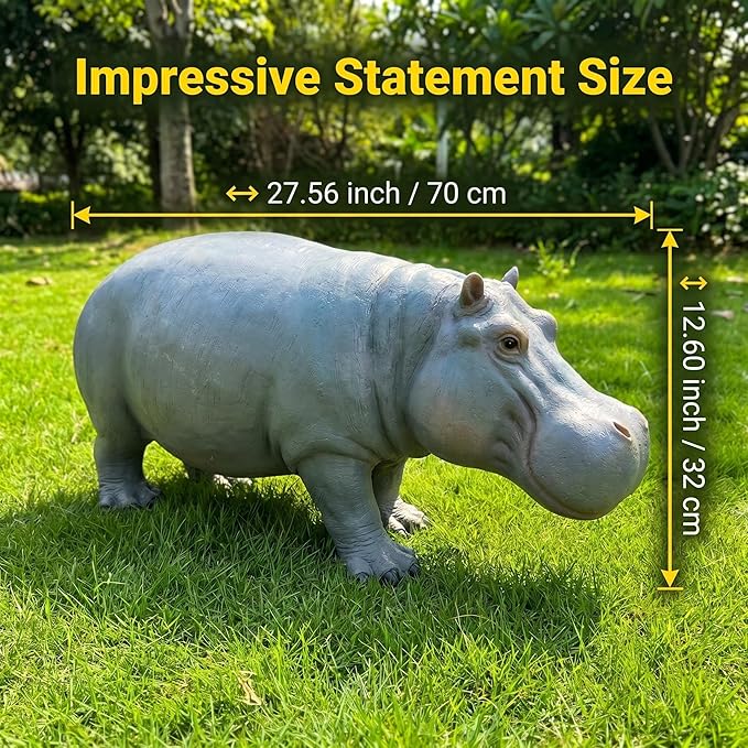 27.5" Lifelike Hippopotamus Garden Statue, Grey | Heavy-Duty Resin, Safari Yard Sculpture, Realistic Animal Figurine, For Outdoor Patio, Lawn & Poolside