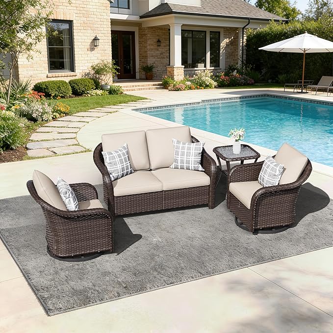 4 PCS Outdoor Conversation Set | 55" Couch, 2 Swivel Chairs, 1 Side Table， Patio Wicker Conversation Furniture with Removable Cushions for Bistro, Deck, Sunroom(Beige)