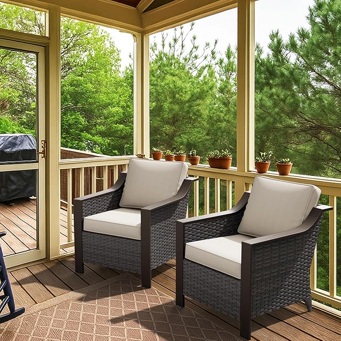 Patio Metal Armchairs Set of 2, Outdoor Conversation Furniture Set, Premium & Washable Cushions, Durable PE Rattan, Metal Armrests with Wood Grain, Backyard (Beige and Brown Stripe)