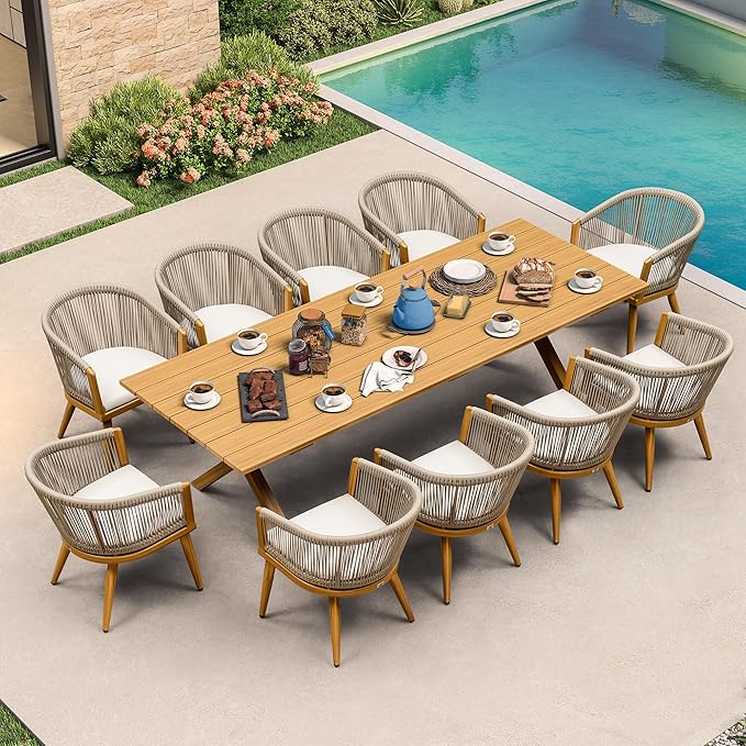 PURPLE LEAF Outdoor Dining Set with Waterproof Furniture Cover 11-Piece All-Weather Patio Set for 10 with Woodgrain Aluminum Table Rope Weave Chairs and Cushions, Teak