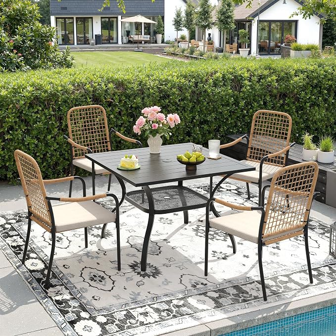 DIFY 5 Pieces Outdoor Dining Set, Metal Patio Table and Chairs Set for 4, 37.8" Square Dining Table with Umbrella Hole & Wicker Stackable Patio Chairs with Cushions, Black Tabletop