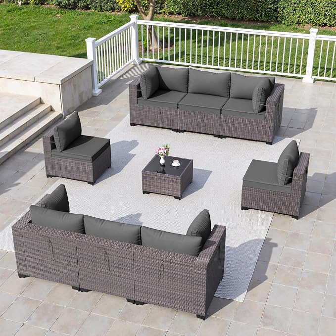 9 Pieces Outdoor Sectional Furniture All Weather PE Rattan Wicker Patio Conversation Set with Coffee Table and 8 Thickened Cushions,Grey