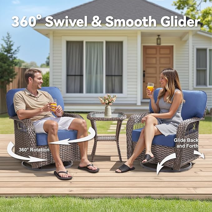 10 Pieces Wicker Patio Furniture Sets Swivel Chairs, All Weather Wicker 3 Seater Sofa with Ottomans Rattan Side Table, Outdoor Conversation Furniture Set for Proch Sunroom Backyard, Blue