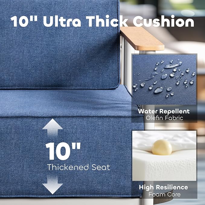 Luxury Patio Chairs with 10" Extra Thick Cushions, Outdoor Chairs with Ottomans, 4 PCS Outdoor Furniture Set for Porch, Balcony, Deck, Patio, Yard, Poolside, White/Blue