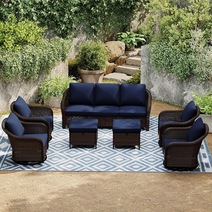 7 Piece Patio Wicker Conversation Set, All-Weather Use Outdoor Wicker Sofa with 4 PE Rattan Ottomans,4 Swivel Chair, Ideal for Porch, Backyard, Balcony, Poolside, Blue