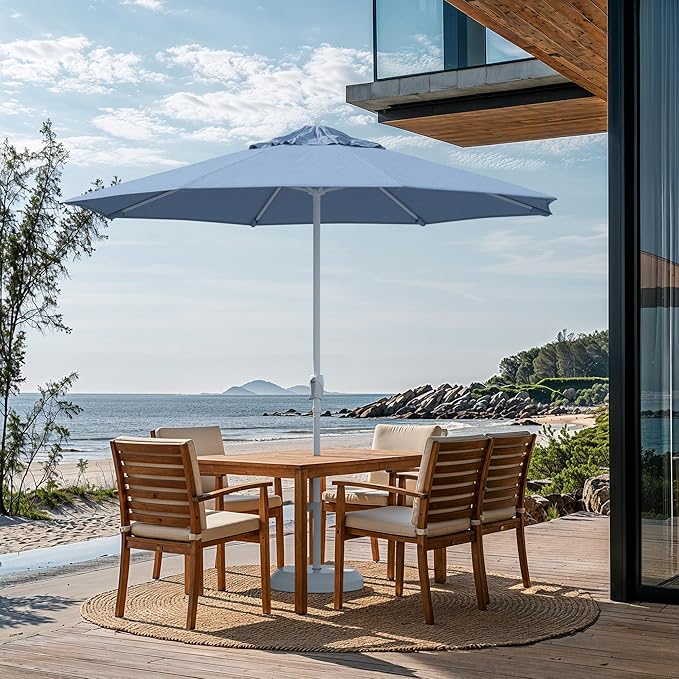 California Umbrella 12-Year Protection 9-Ft Outdoor Patio Umbrella, Sunbrella Fade-Resistant Fabric, Auto-Tilt, Heavy Duty Aluminum Frame, 8 Reinforced Ribs for Pool or Deck, White Pole, Air Blue