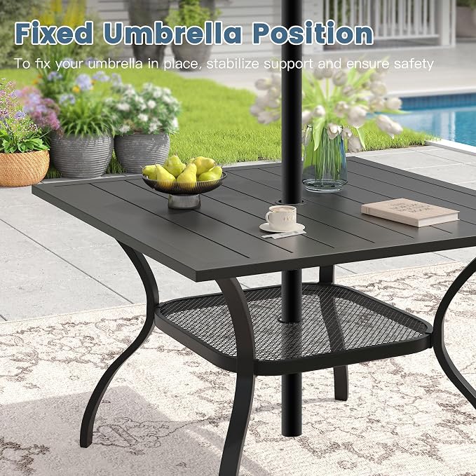 DIFY Square Patio Dining Table for 4, 38" Black Outdoor Metal Dining Table with 1.57" Umbrella Hole for Backyard, Lawn, Garden and Deck