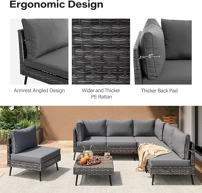 LAUSAINT HOME 7-Piece Patio Conversation Set, Modular Outdoor Sofa with Thick Cushions, All-Weather PE Rattan Sectional Seating for Garden, Backyard & Deck, Grey