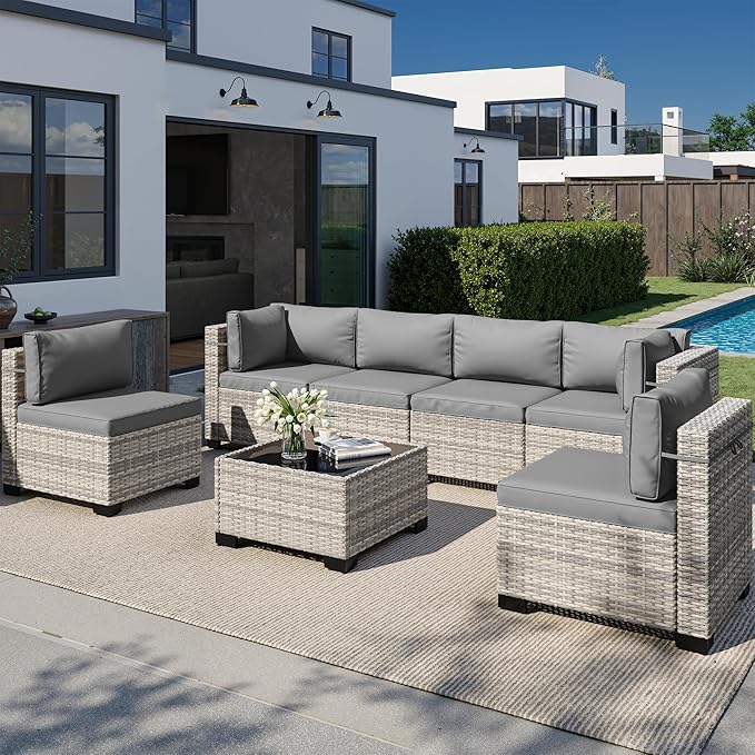 7-Piece Outdoor Patio Furniture Set, PE Wicker Rattan Sectional Sofa Conversation Set with Tempered Glass Table & Thick Cushions - All-Weather Garden, Backyard Furniture, Grey