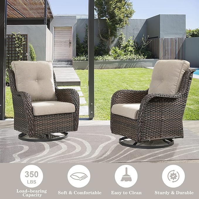 Belord Wicker Patio Furniture Sets - 8 Piece Rattan Outdoor Furniture Conversation Sets with 4 Swivel Rocker Chairs, Rattan Sofa, Wicker Ottomans and Coffee Table, Brown/Beige