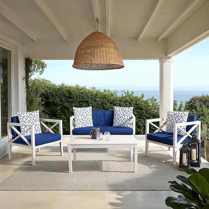 SAFAVIEH Outdoor Collection Nunzio Off-White/Navy Blue Cushion 4-Piece Conversation Patio Set with Accent Pillows