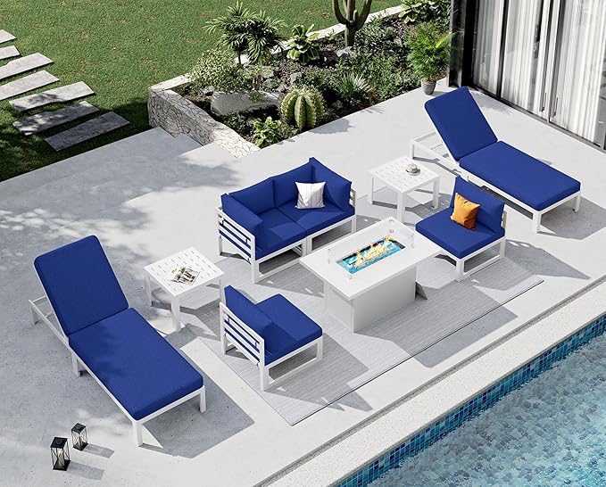 NICESOUL Extra Large Luxury Aluminum Outdoor Sectional Sofa with Chaise, Weather Resistant Modular Patio Furniture Set for 6 People, 500 lbs Heavy Duty Conversation Couch for Poolside Deck, Navy Blue