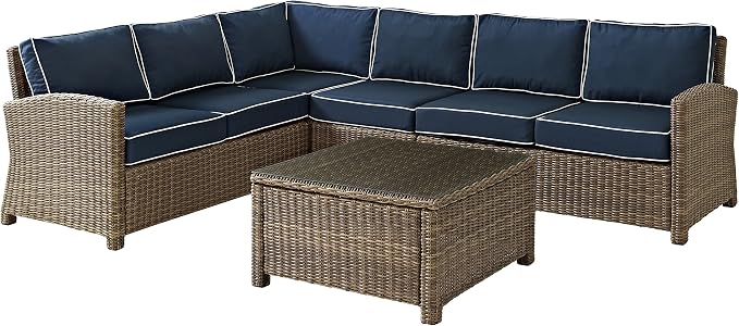 Crosley Furniture Bradenton 5-Piece Outdoor Sectional Sofa Wicker Conversation Patio Furniture Set for Deck, Brown with Navy Cushions