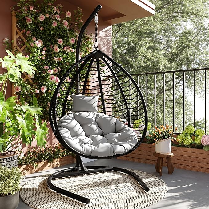 Folding Egg Chair, Outdoor Hanging Hammock Chair with Stand, Patio Wicker Hanging Chair with Iron Frame and Plush Cushion & Removable Headrest for Bedroom, Balcony, Garden (BlackGrey-A)