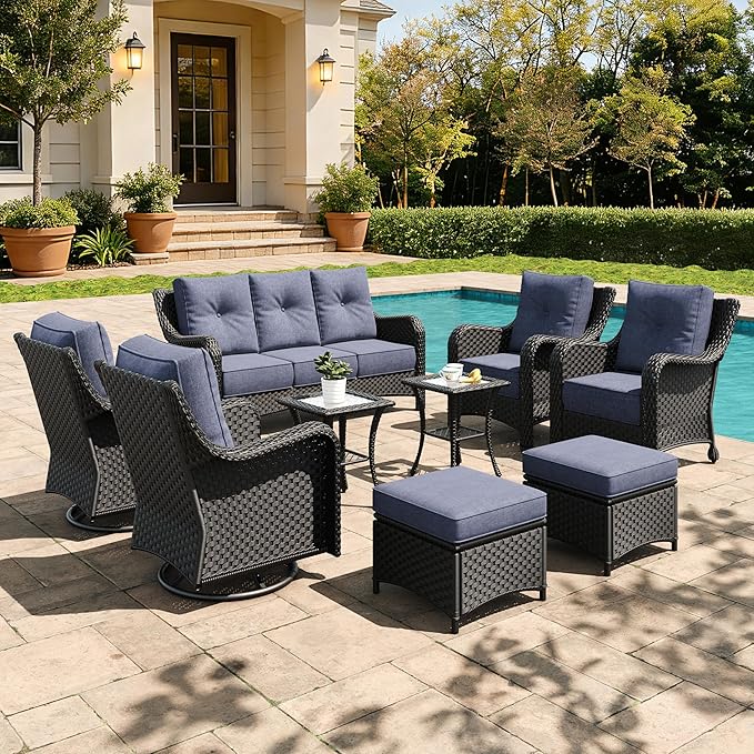 9 Pieces Outdoor Furniture Set with 6-inch Cushions, High Back Wicker Swivel Rocker Chairs with Coffee Table, Luxury Conversation Set for Deck Patio and Poolside