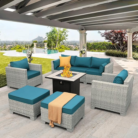 WAROOM Patio Furniture Set 6 Piece PE Rattan Outdoor Conversation Sets Grey Wicker Couch Sectional Sofa with 30" Fire Pit Table and Peacock Blue Cushion
