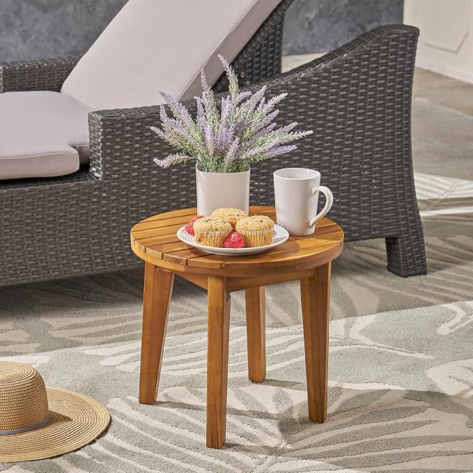 Round Patio Side Table Acacia Wood End Table with Slat Panel Design Rustic Outdoor Accent Table for Garden Backyard Pool Deck Living Room Weather Resistant Easy Maintenance,Teak