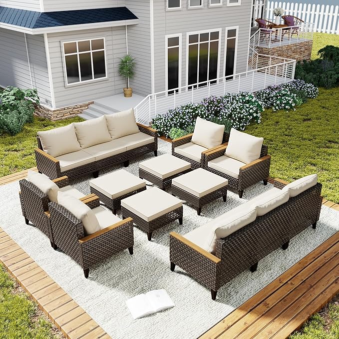 14 Piece Patio Sectional Sofa Furniture Set, All-Weather Wicker Rattan Outdoor Conversation Set with High Back and Thick Cushions, for Garden, Porch, Poolside, Beige