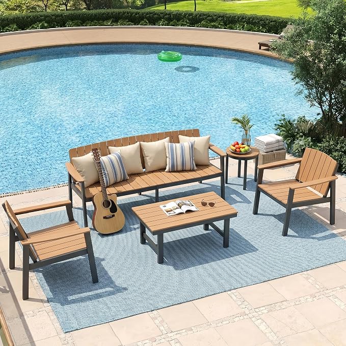 2 Pieces Aluminum Patio Furniture Armchair, All-Weather Outdoor Armchair Aluminum Frame HDPS Faux Wood, Patio Sofa Couch Set of 2 for Porch, Balcony, Deck, Yard Nature Wood