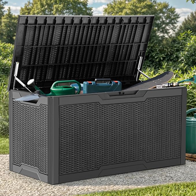 YITAHOME 100 Gallon Resin Deck Box, Weather Resistant Outdoor Storage Box, Lockable Indoor Outdoor Storage for Supplies and Essentials, Black