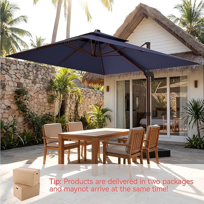 10x13 FT Wood Pattern Patio Umbrella with Base, Large Deluxe Cantilever Rectangular Double Top Heavy Duty Offset Umbrellas with 360° Rotation, Outdoor shade for Garden Pool Patio, Navy