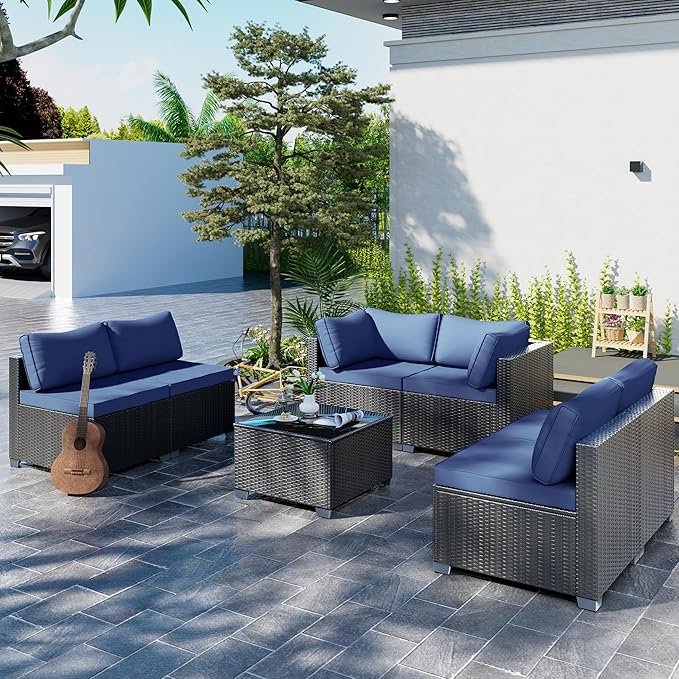 7-Piece Outdoor Patio Sectional Sofa Set – PE Wicker Rattan Conversation Furniture with Coffee Table, Cushions & Clips, Modular Patio Couch for Porch, Poolside, Backyard, Garden – Black Rattan