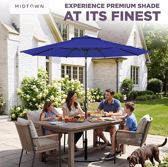 The Swilt 8 Feet Outdoor Umbrella With Terylast Midnight (Royal Blue) Polyester Fabric - Fiberglass Ribs, Auto-Tilt And Swivel Aluminum Frame Patio Umbrella For Deck, Garden, Pool - Black Pole