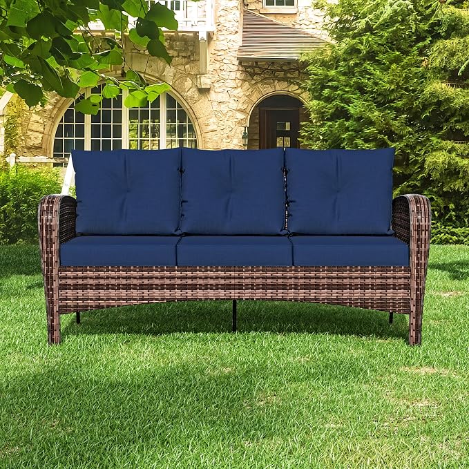 73" Patio 3-seat Sofa, Wicker Rattan Couch, Steel Frame Deep Seat Loveseat, Outdoor Conversation Furniture with Removable Cushions for Garden, Yard, Porch (Navy Blue)