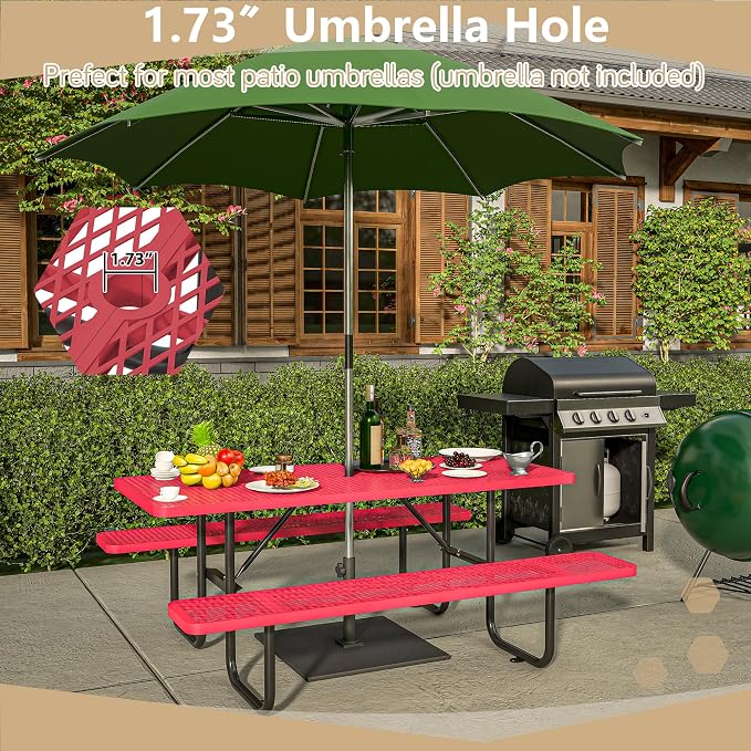 72'' Rectangular Metal Picnic Table with 1.73" Umbrella Hole, Heavy-Duty Commercial Grade Steel Mesh Table Set, Weather Resistant Sturdy for Outdoor, Smooth Round Corner Design, Red