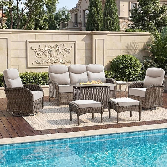 High Back Luxury Patio Furniture Set with Fire Pit Table, 6-Inch Cushion Swivel Rocker Patio Chairs with Outdoor Couch, 7 Piece Wicker Conversation Set for Deck Yard Garden Balcony Beige