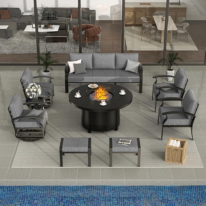 ALAULM Aluminum Patio Furniture Set with Round Propane Fire Pit Table 9-seat Metal Outdoor Furniture w/Swivel Chairs & 2 Ottomans Patio Sectional Sofas for Porch, Lawn, Poolside（Grey