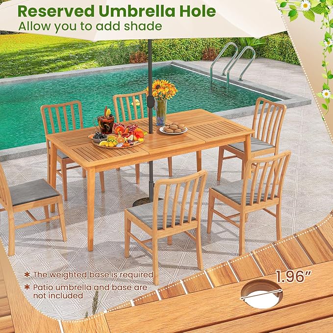 Tangkula 7 Piece Wood Outdoor Dining Set for 6, Rectangular Patio Acacia Wood Table Set with 6 Cushioned Chairs, Umbrella Hole, Heavy Duty Metal Frame for Deck Porch Backyard