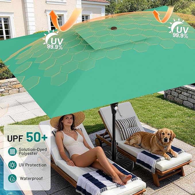 AreShark 8'x10' 2 Tiers Rectangular Patio Umbrella - Outdoor Umbrella Waterproof UV Protection, Market Table Umbrella w/Crank for Pool, Backyard, Deck(Turquoise)