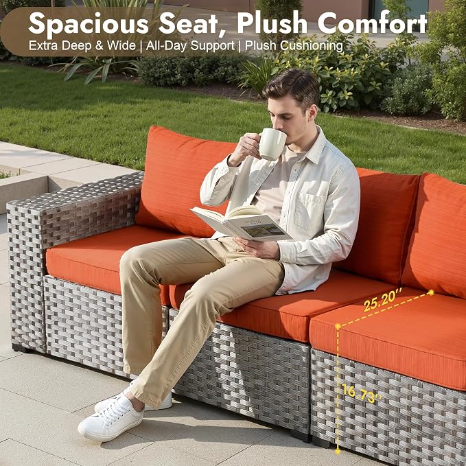 12 Pieces Patio Furniture Set, Wicker Outdoor Sectional Sofa with Coffee Table Comfy Cushions, Modern Modular Deep Seat Rattan Couch Conversation Set for Backyard Porch Yard,Orange