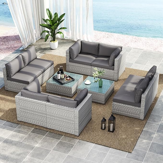 Tangkula 10-Piece Outdoor Patio Sectional Sofa Couch, PE Rattan Conversation Set w/Glass Coffee Table & Cushions, Outdoor Furniture Set w/Sturdy Metal Frame for Garden Poolside Backyard