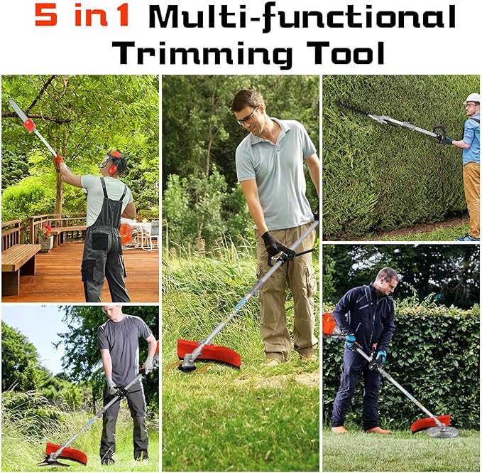 52cc 2-Stroke Gas Weed Eater, 5 in 1 Weed Wacker Gas, Hedge Trimmer with Attachments, 9500rpm Strong Power & Brush Cutter for Yard and Garden (Orange)