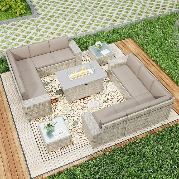 13 Piece Patio Furniture Set, 8" Wide Arm Sectional Sofa Set with 50000 BTU Propane Fire Pit Table & Coffee Table, Rattan Outdoor Conversation Set for Garden, Porch, Lawn, Khaki