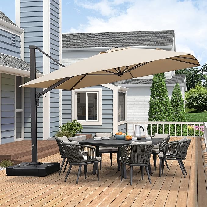 PURPLE LEAF 11 FT Square Patio Cantilever Umbrella Large Outdoor Aluminum Offset Umbrella with 360-degree Rotation for Garden Deck Backyard Pool, Beige