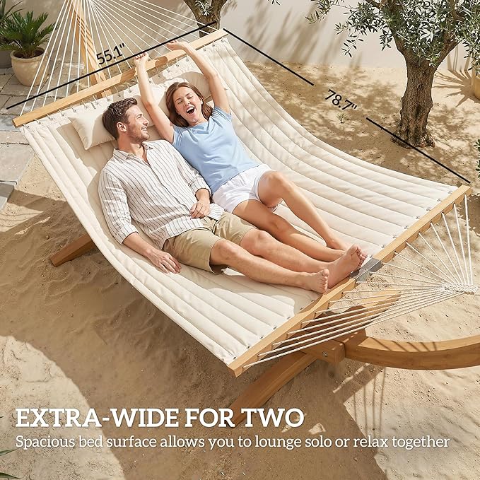 Outsunny Outdoor Hammock, 2-Person Hammock with Head Pillow and Pad, Wood Spreader Bars, 440 lbs Capacity, for Patio Yard Garden, 128" x 55", Cream White