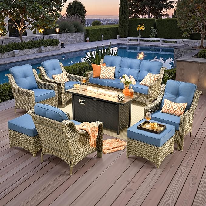 Outdoor Patio Furniture Sets, 8 PCS Patio Conversation Set Outside Rattan Sofa with 54 in Fire Pit Table Comfy Cushions Fit Backyard Porch Garden Poolside Balcony,Diamond Blue