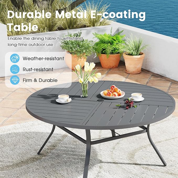 9 Pieces Patio Furniture Dining Set, 8 Textilene Swivel Dining Chairs, 60" Outdoor Round Metal Table with 1.57" Umbrella Hole, Outdoor Dining Set for Porch, Lawn, Garden, Grey/Grey